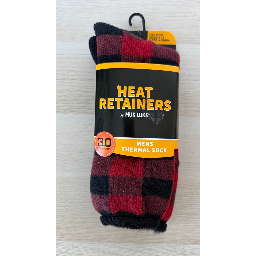MUK LUKS Heat Retainers Mens Thermal Socks 3.0 TOG Red Black Buffalo Plaid 10-13